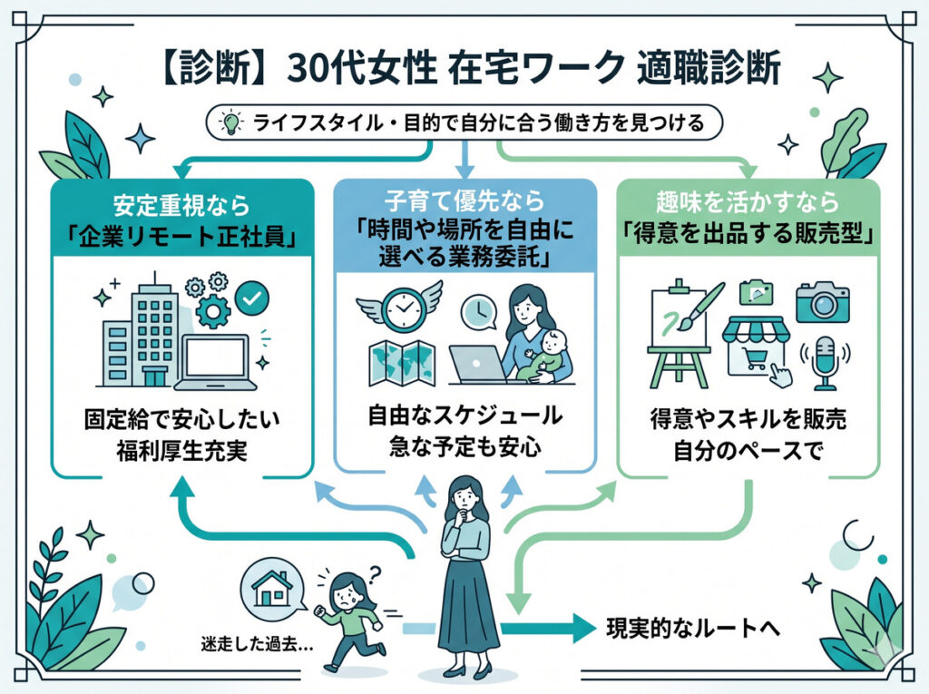 30代女性向け、在宅ワークの適職診断図解。スキルなしからの転職におすすめの働き方をライフスタイル別に解説しています。安定重視の正社員リモート求人、子育て優先の業務委託、趣味を活かす販売型など、自分に合う現実的なルートを見つけることができます。
