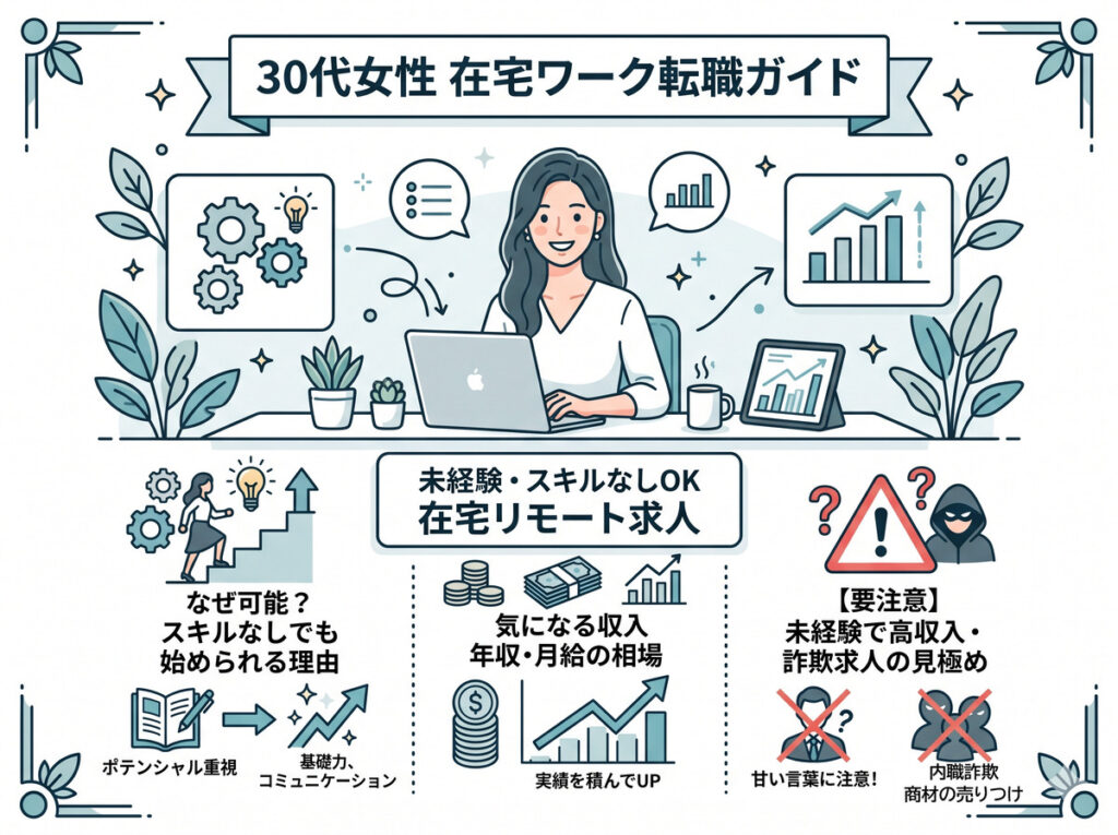 30代女性の在宅ワーク転職ガイド図解。スキルなしから始められる理由や収入相場、詐欺への注意点を解説。おすすめのリモート求人や正社員への道、適職診断のポイントもわかります。