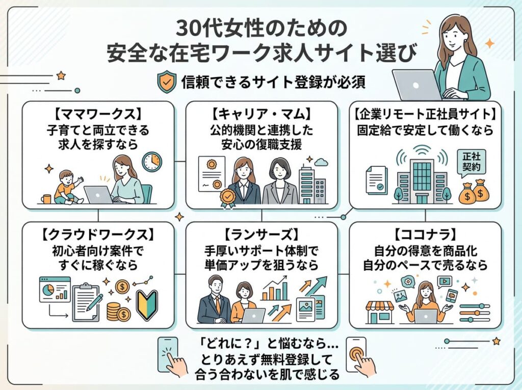 30代女性の在宅ワーク転職におすすめな求人・登録サイト6選の図解。スキルなしから始められる初心者向けサイトや、安定した正社員を目指せるリモート求人まで網羅しています。迷った際は、自分に合う働き方診断の参考としてご活用ください。