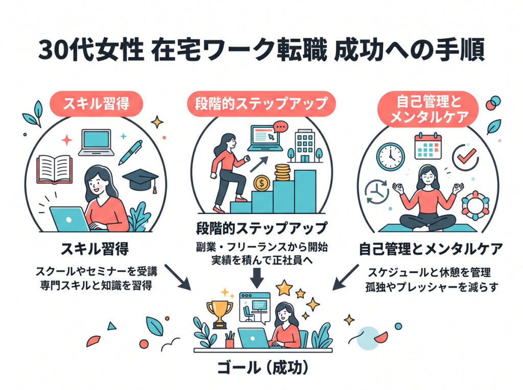 30代女性の在宅ワーク転職を成功させる3つの手順を図解。スキルなしからおすすめのスクールで学ぶ「スキル習得」、副業からリモート正社員の求人を目指す「段階的ステップアップ」、適職診断も活用しながら孤独感を防ぐ「自己管理」のステップを分かりやすく解説しています。