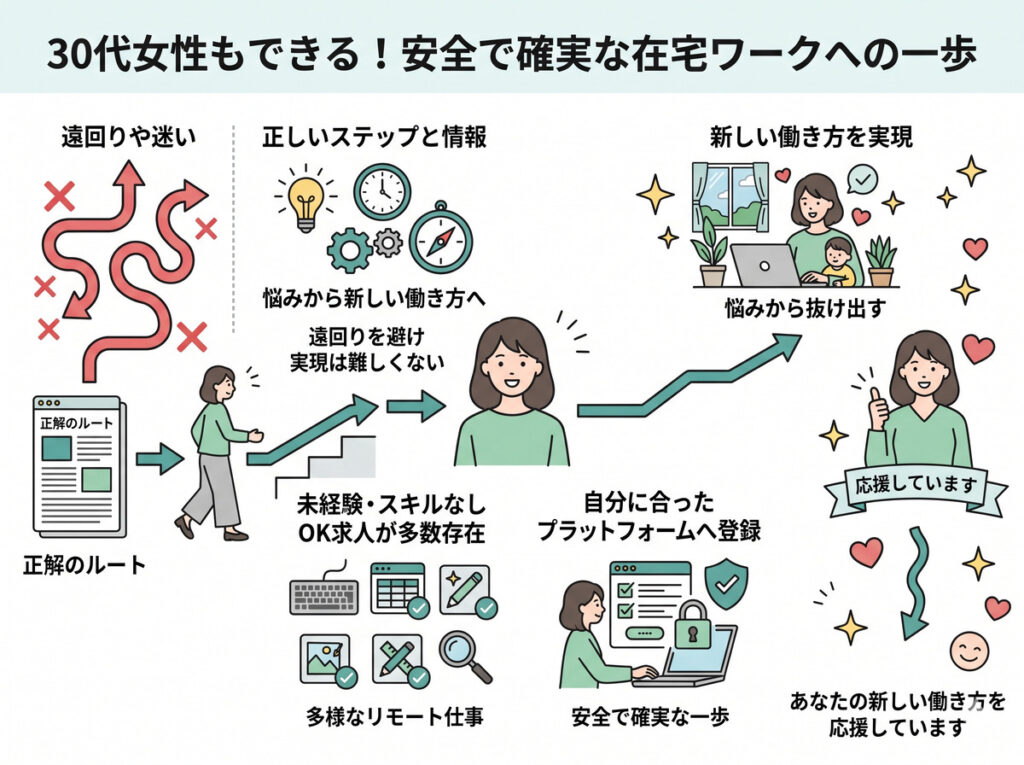 30代女性の在宅ワーク転職を応援するまとめ図解。遠回りを避けて正しいステップを踏むことで、スキルなしでも安全なリモート求人や正社員への道が開けることを表現しています。おすすめのプラットフォームへの登録や適職診断を活用し、迷わず確実な一歩を踏み出して新しい働き方を実現するまでの流れを描いたイラストです。