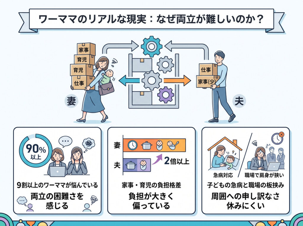 ワーママの両立が難しい理由(夫との家事負担格差、9割が抱える悩み、急病対応の板挟み)をまとめた図解