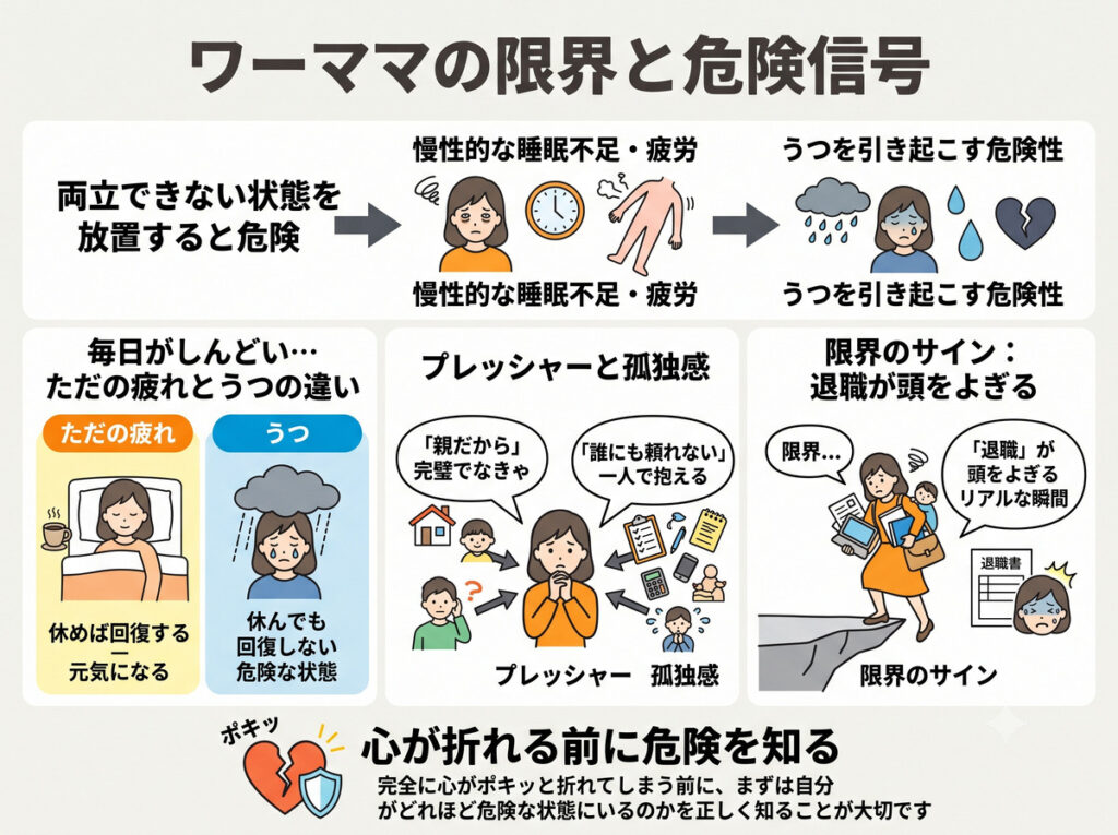 ワーママがうつになる前の危険なサイン(ただの疲れとうつの違い、プレッシャーと孤独感、退職が頭をよぎる限界のサイン)をまとめた図解