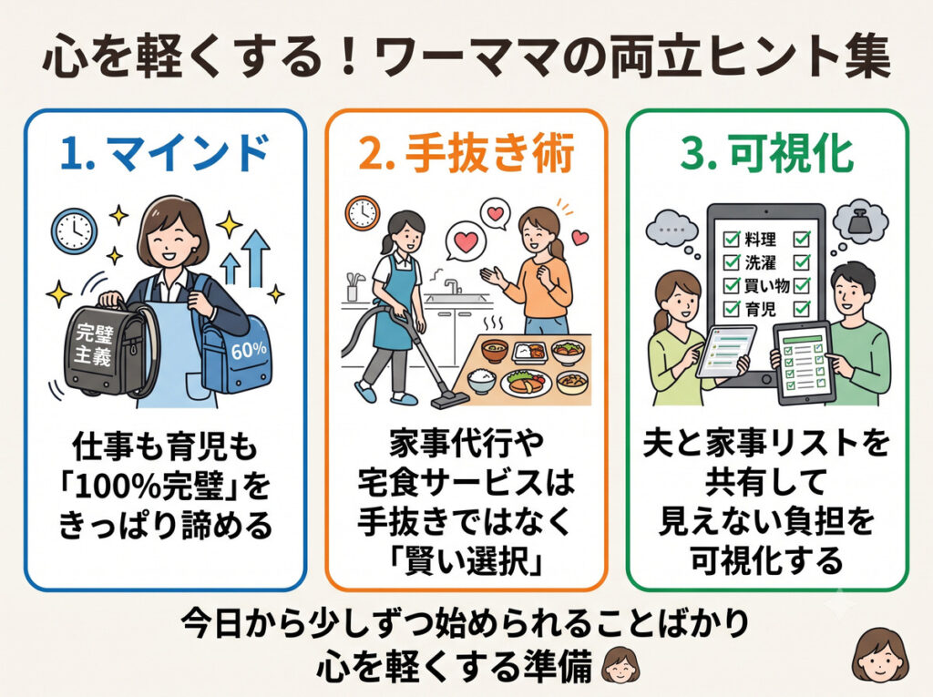 ワーママの心が楽になる3つの手抜き術(完璧を諦める、家事代行や宅食の活用、家事の可視化)をまとめた図解
