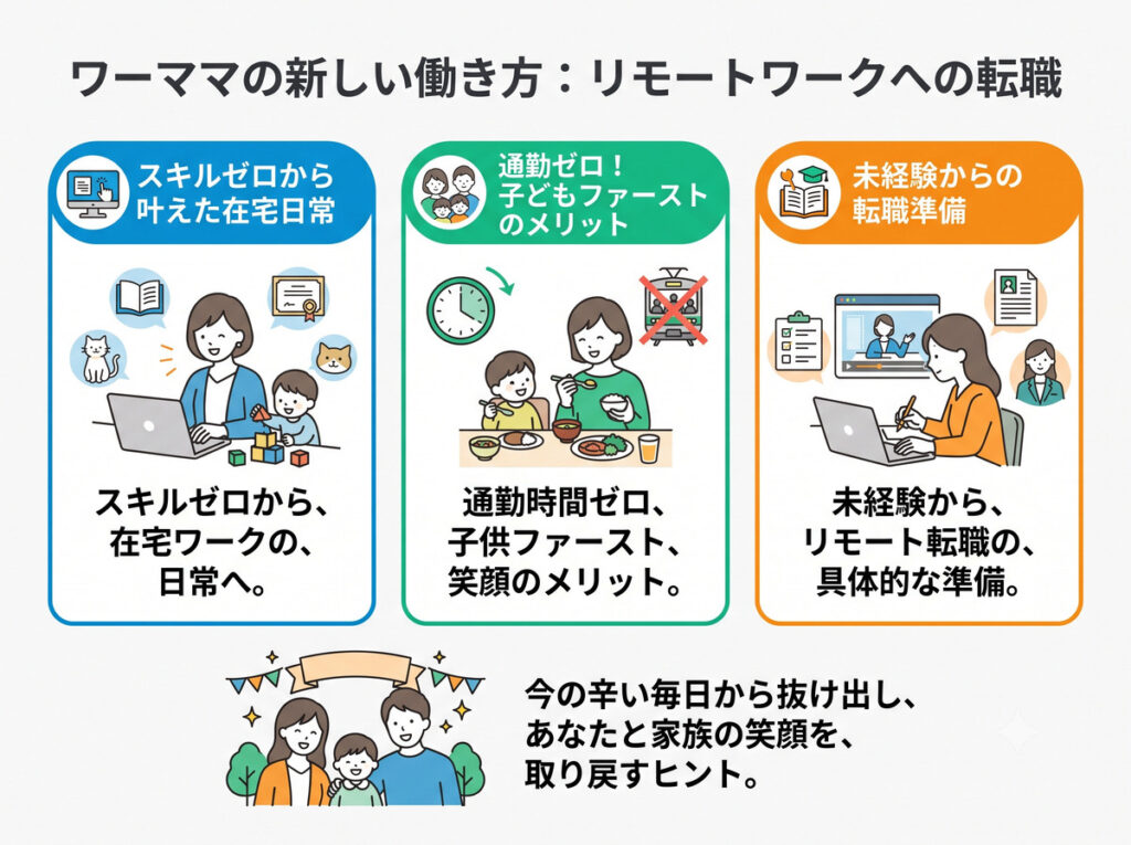 ワーママが未経験から在宅ワークへ転職して新しい働き方を叶えるためのヒント(在宅の日常、通勤ゼロのメリット、具体的な転職準備)をまとめた図解