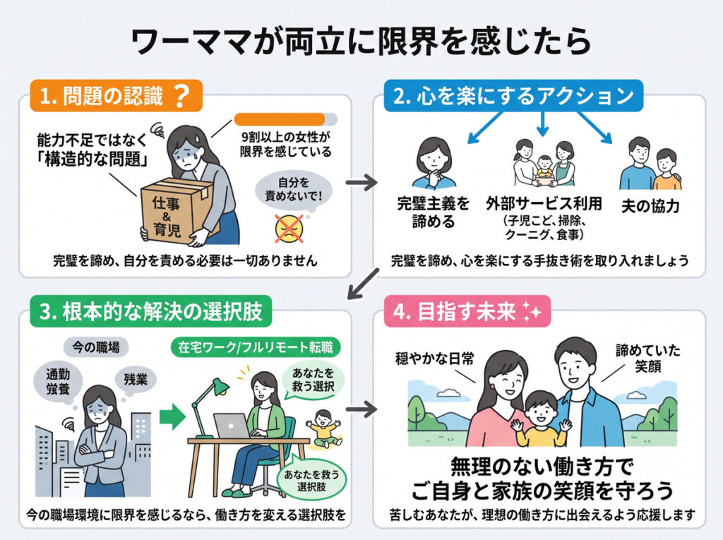 ワーママが両立に限界を感じた際の解決策(問題の認識、心を楽にするアクション、在宅ワークへの転職、目指す未来)をまとめた図解