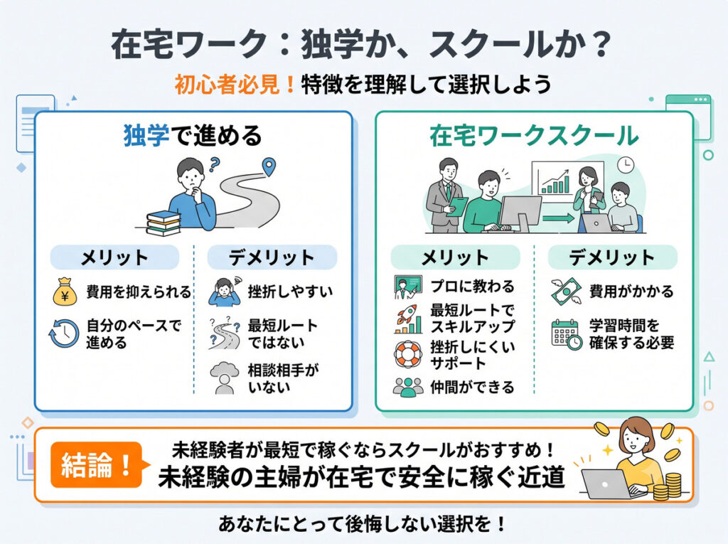 在宅ワークの学習方法について、独学とスクールのメリット・デメリットを比較した図解