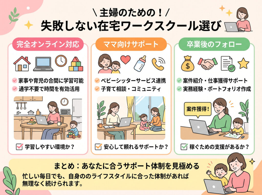 主婦やママ向けに、失敗しない在宅ワークスクールの選び方(3つの比較ポイント)をまとめた図解