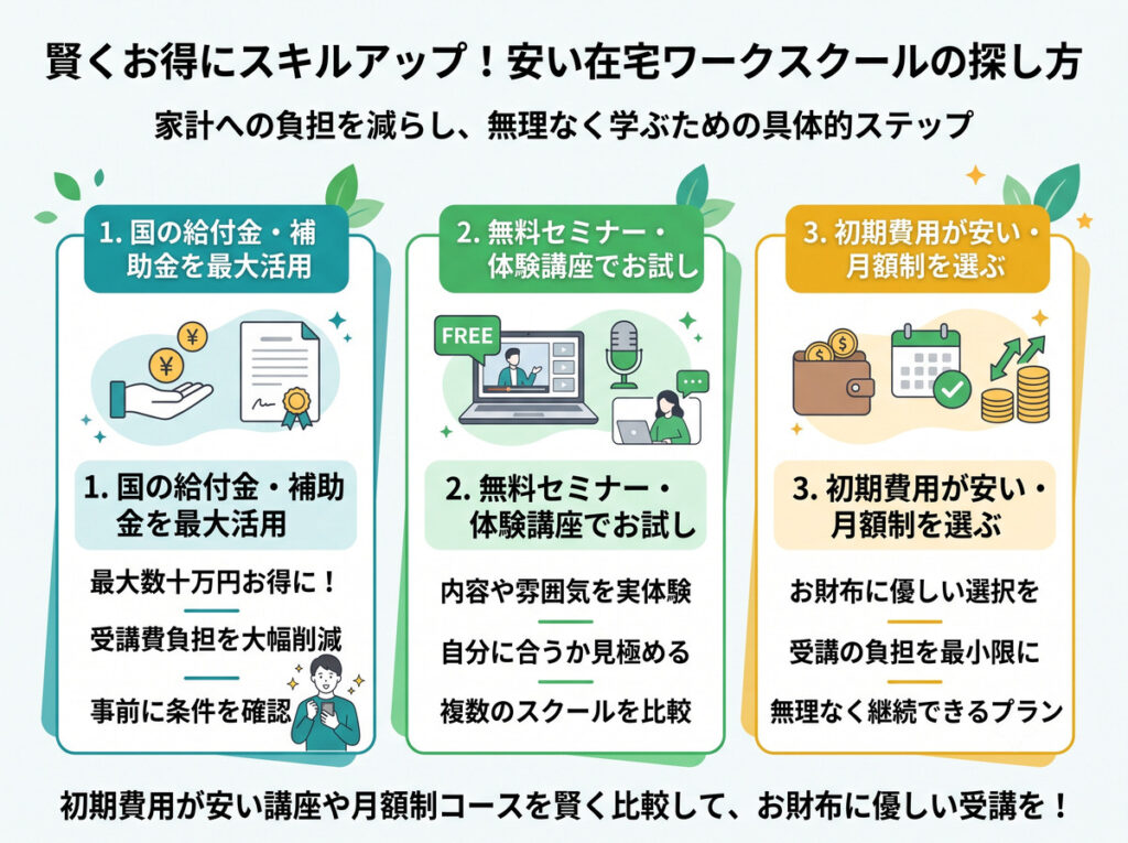 在宅ワークスクールの費用を抑える3つのコツ(給付金の活用、無料体験、安い・月額制)をまとめた図解