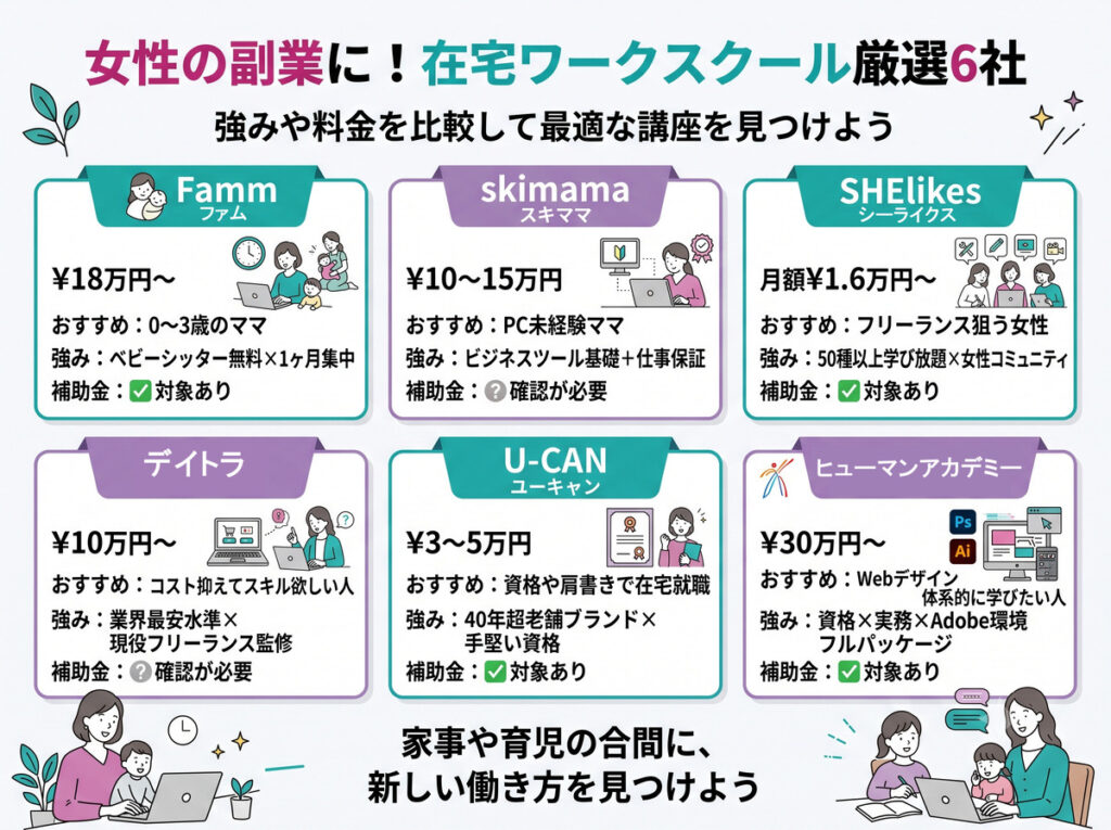 女性の副業におすすめの在宅ワークスクール厳選6社の料金や特徴を比較した図解