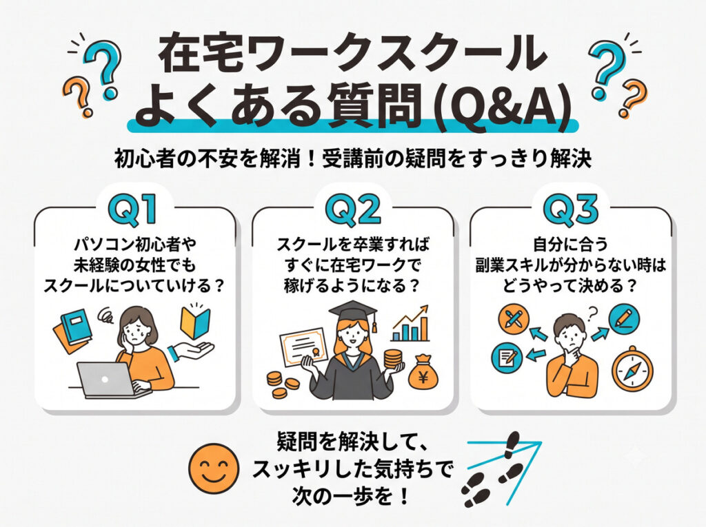 初心者の疑問や不安を解消する、在宅ワークスクールのよくある質問(Q&A)まとめ画像