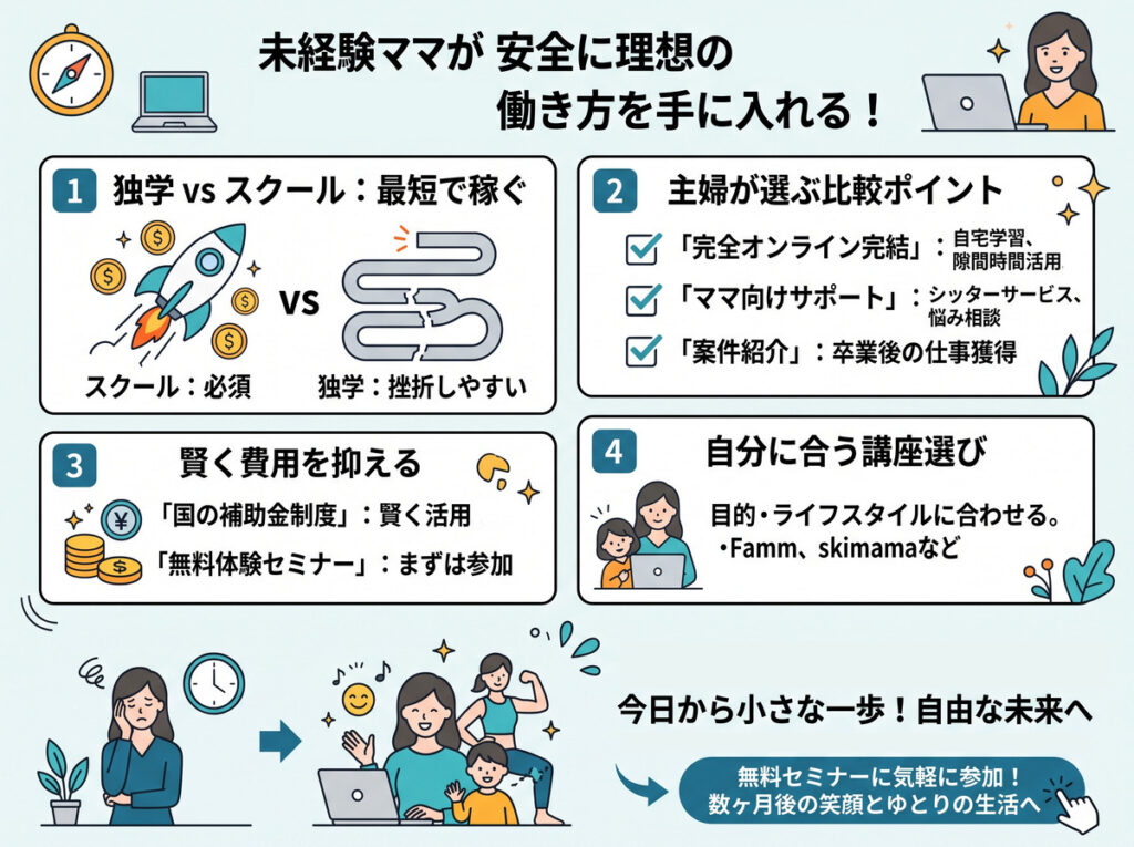 在宅ワークスクールの選び方や費用を抑えるコツなど、記事の重要なポイントをまとめた図解