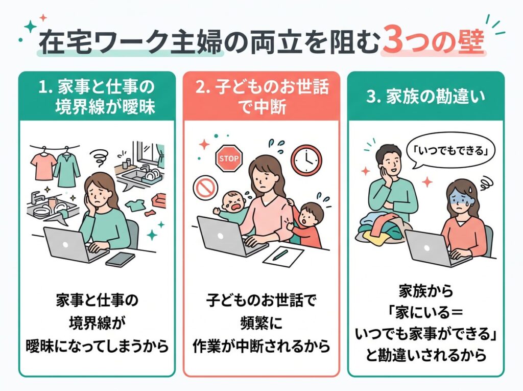 在宅ワーク主婦の両立を阻む3つの壁(家事と仕事の境界線が曖昧、子どものお世話で中断、家族の勘違い)をまとめた図解