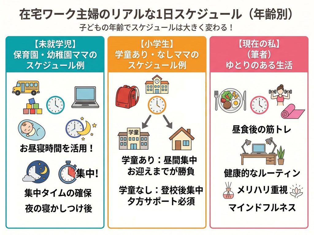 在宅ワーク主婦の、子どもの年齢別(未就学児、小学生、現在)の1日スケジュールの違いをまとめた図解