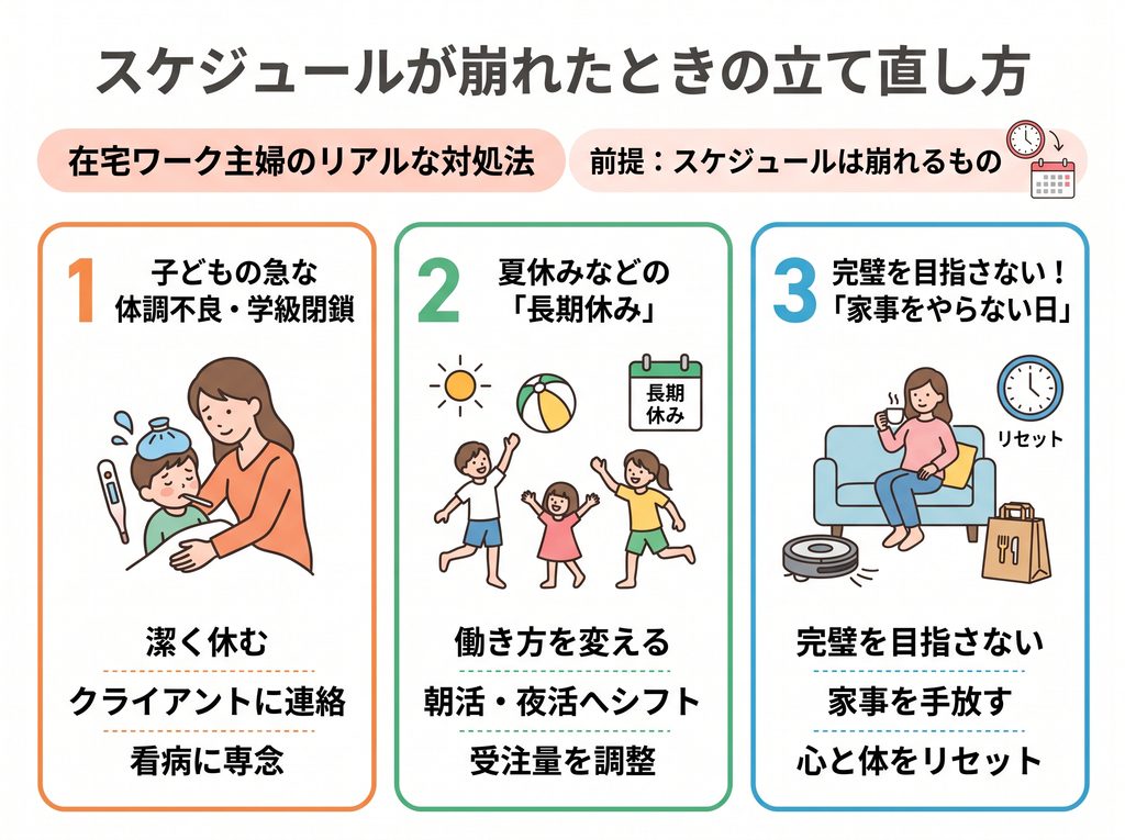 在宅ワーク主婦向け、スケジュールが崩れたときの立て直し方3つの図解