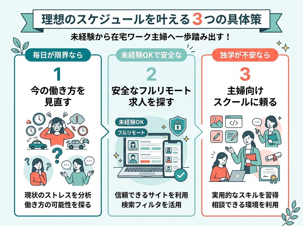 在宅ワーク主婦向け、理想のスケジュールを叶える3つの具体策の図解