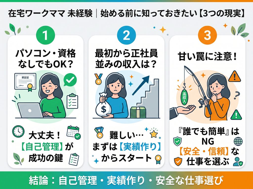 未経験のママが在宅ワークを始める前に知っておきたい3つの現実（自己管理・実績作り・安全な仕事選び）の図解