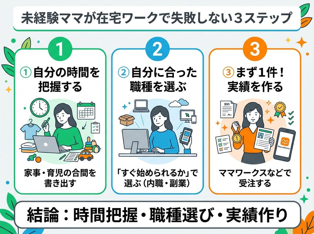 未経験ママが在宅ワークで失敗しないための3ステップ（時間把握・職種選び・実績作り）の図解