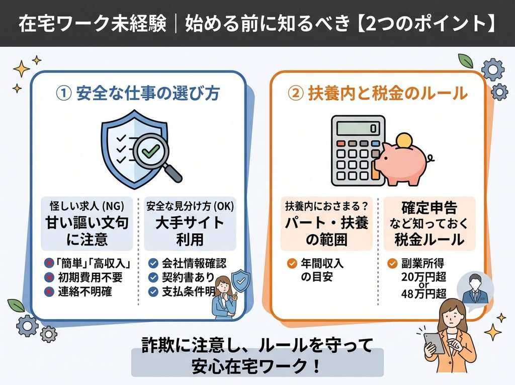 未経験ママが在宅ワークを始める前に知るべき2つのポイント（安全な仕事の選び方・扶養内と税金のルール）の図解